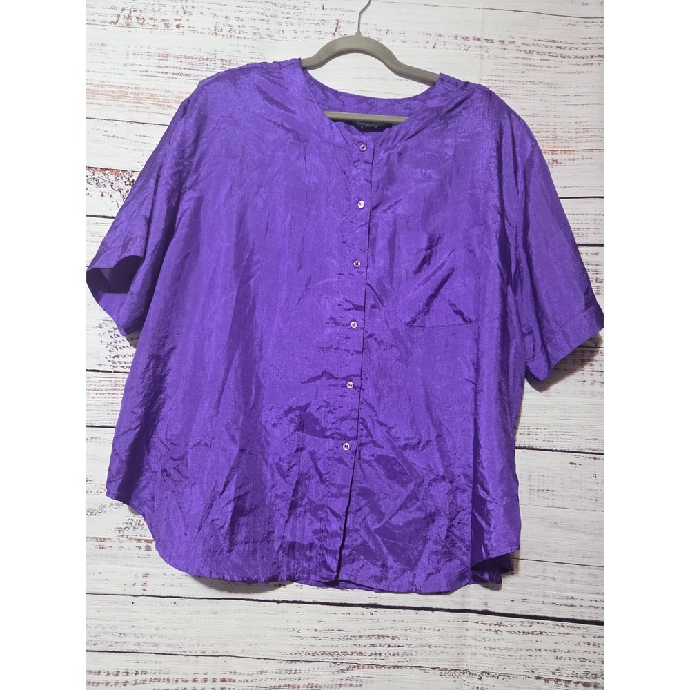 Ashleigh Morgan Woman Purple Satin Button Down Blouse Short Sleeve Plus Size 3X
